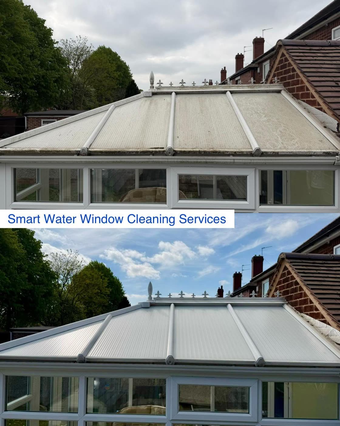 Before and after view of a conservatory roof cleaned by Smart Water