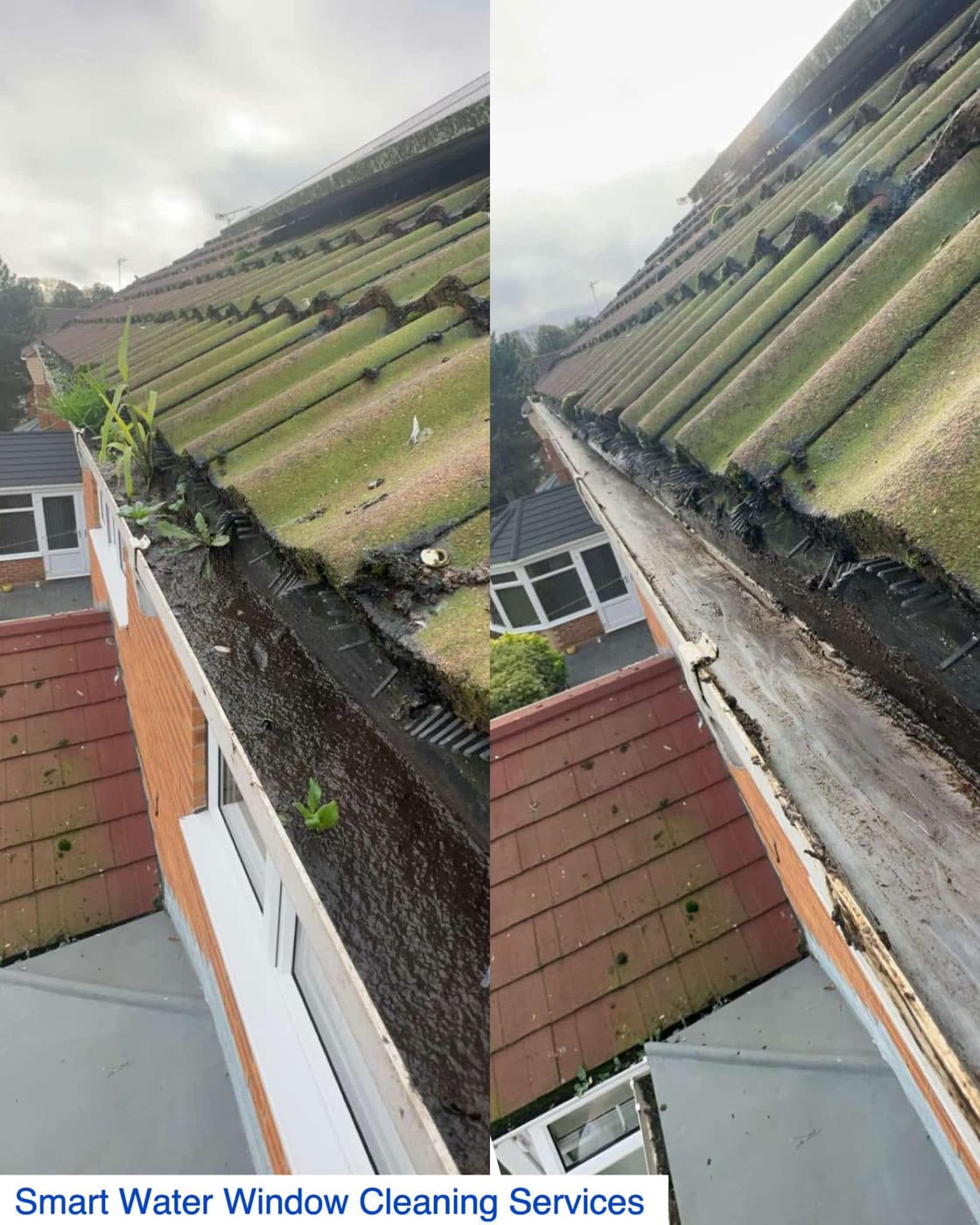 Before and after view of gutter cleaning